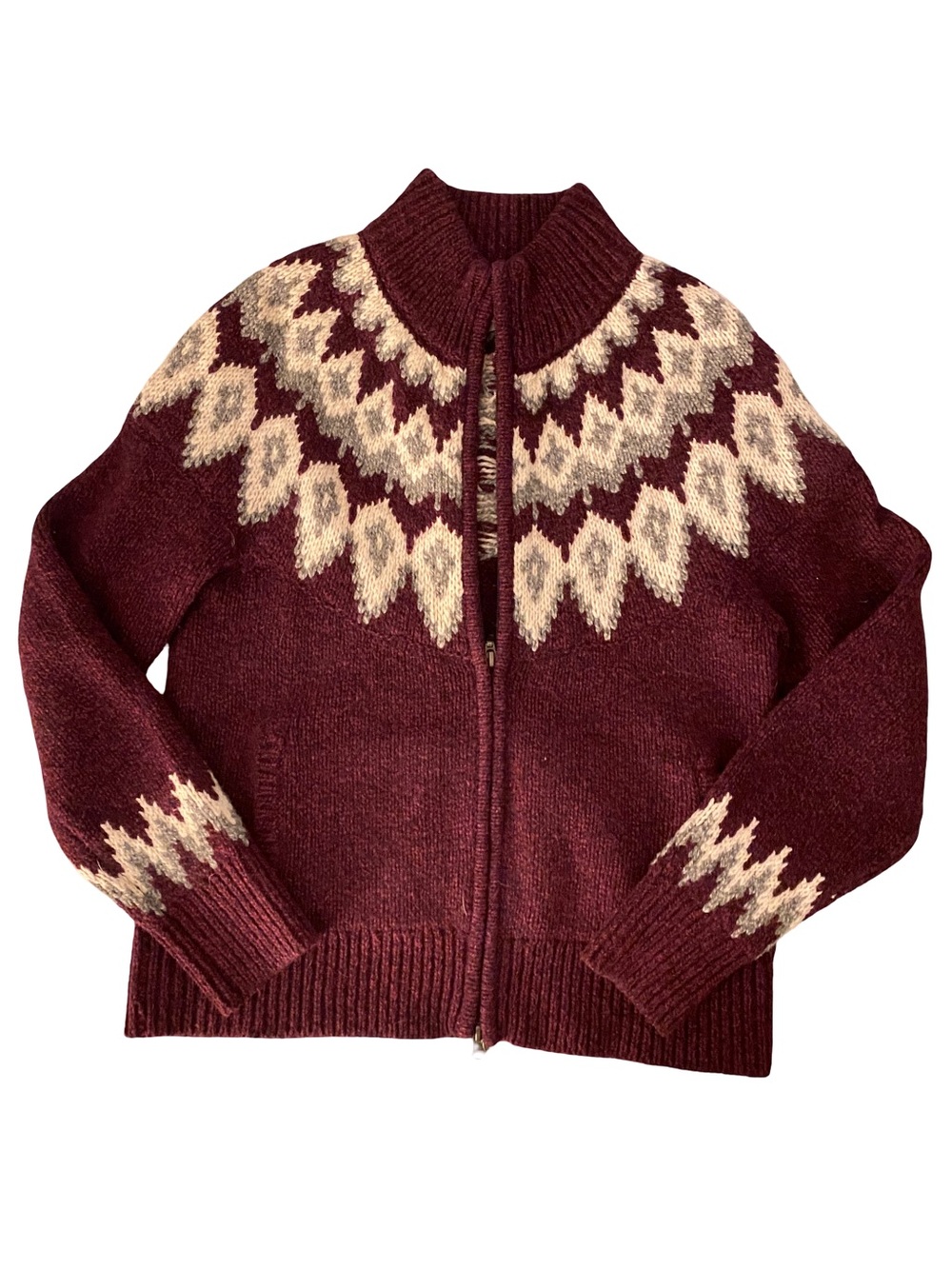 Vintage L.L. Bean 100% lambs’ wool fair isle alpine yoke zip up cardigan size M